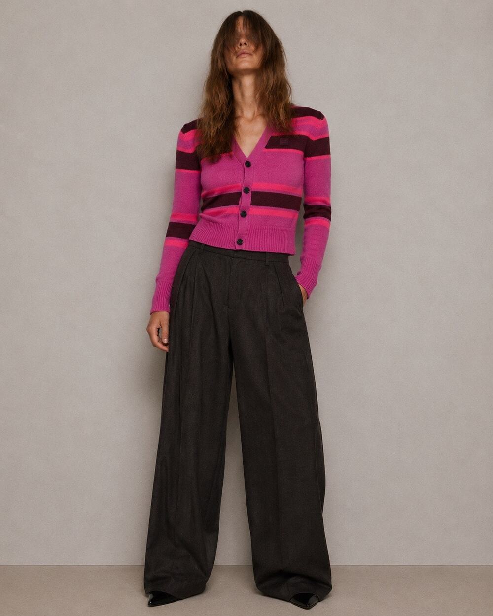 Acne Studios Kimano Wool Cardigan Pink Striped Sweater Face Logo Small